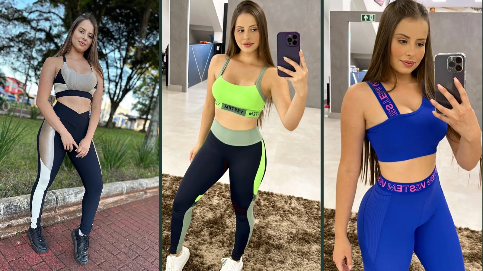Três mulheres adultas usando três cores diferentes dos conjuntos fitness do kit