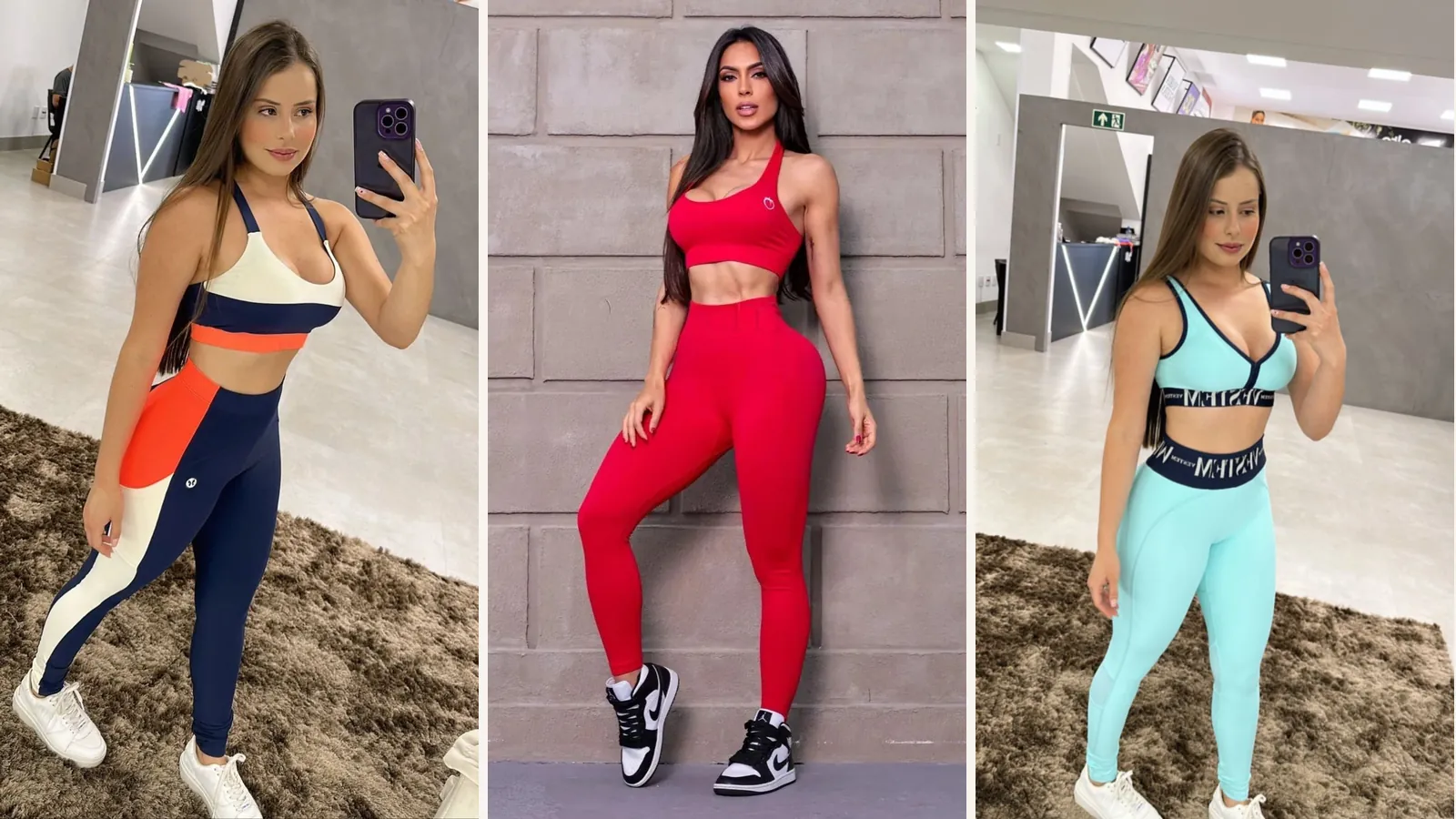 Três mulheres adultas usando conjuntos fitness do kit, cada uma com uma cor diferente disponível na oferta